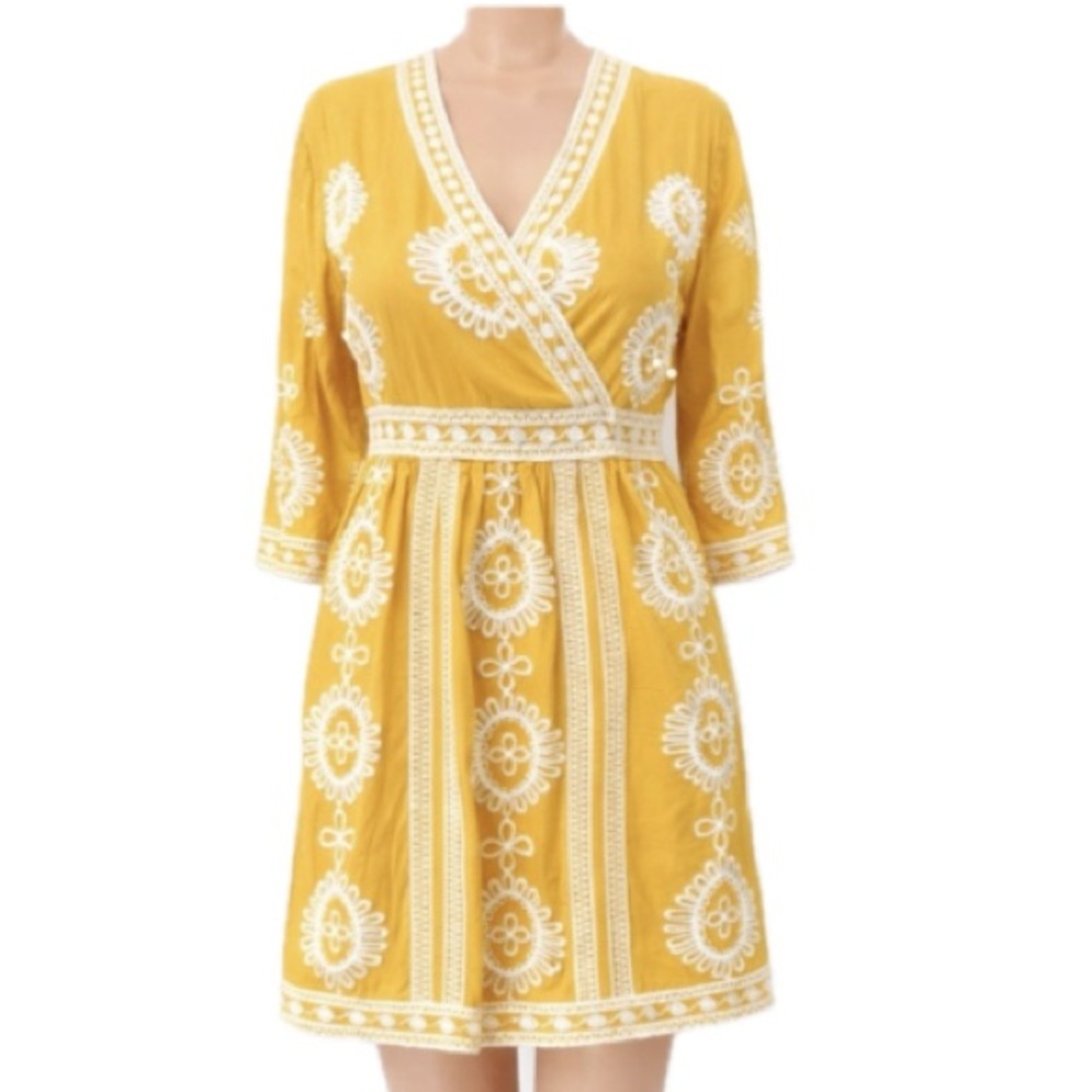 Cato Yellow Boho Mini Dress Embroidered Lace Trim Cottagecore Summer Size 4
